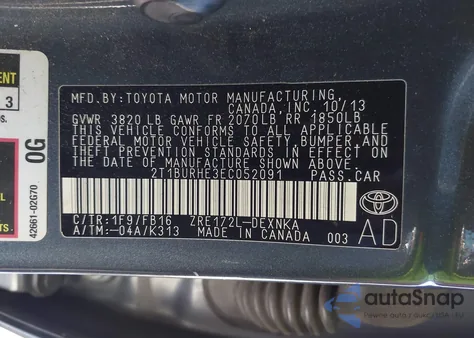 2014 Toyota Corolla Le from USA, damaged, VIN 2T1BURHE3EC052091
